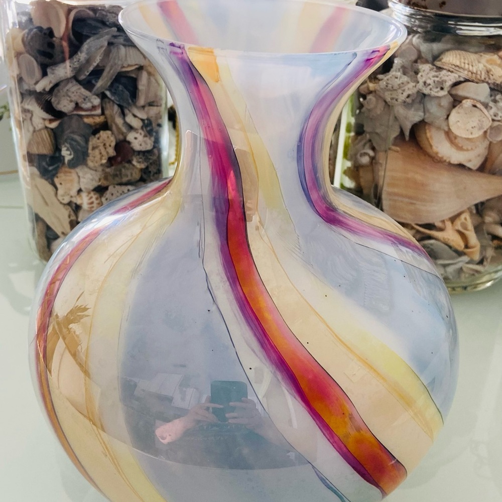 Vintage Italian Rainbow Swirl Murano Glass Vase  Blue Pink Yellow